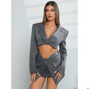 Dress Sleeve Elegant Out - Cross - Charcoal Solid s Clothes Hauture Fall Women Grey Criss Hollow Long Blazer