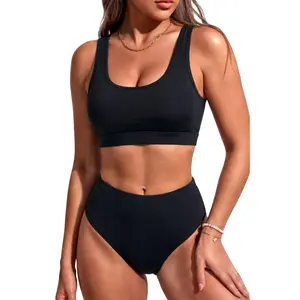 Tempt Me Women Two Piece Scoop Neck Bikini Crop Top High Cut Swimsuit Sporty High Waisted Bathing Suit with Bottoms  SwimWeek  summervibes