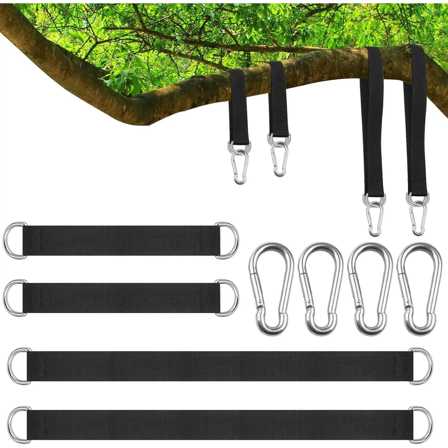 4 count Short Straps Tree Swing Straps Hanging Kit, with Carabiners, Heavy Duty Suspension Kits for Gym Fitness  Machine Extension, Hanging Pulleys, Rings,Hammock Tree Straps