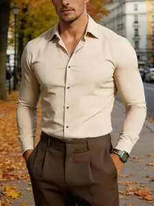 Men's Business Commute Slim Fit Long Sleeve Shirt Cs8507, Elegant Asymmetrical Design, Casual Fitted Blouse, All Seasons Wear, Casual Stylish Menswear