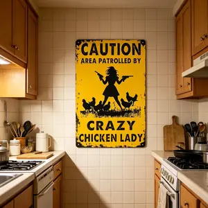 Funny Crazy Chicken Lady Vintage Metal Tin Sign,8×12 Inch Metal Tin Sign Wall Decor, Caution Area Patrolled By Chicken Lady, Rustic Farmhouse Chicken Home Decor Plaque for Coop Bar Home, Gag Gift for Chicken Lovers