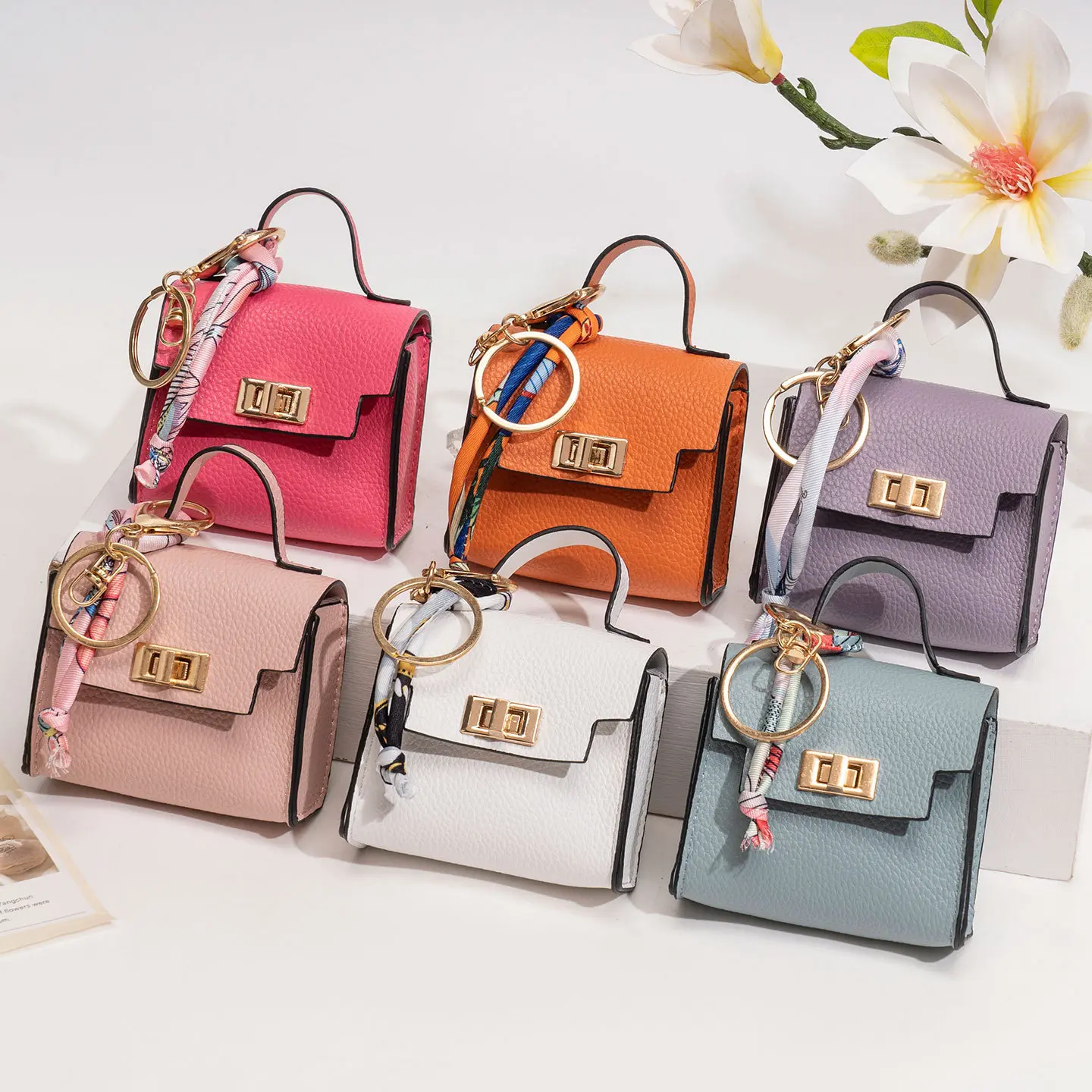 Tondiamo 4Pcs PU Leather Mini Backpack Keychain Coin Purse, Cute Twist Lock Mini Lipstick Bag, Portable Earphone Data Cable Storage Pouch Small Change Bag Pendant Gift for Women Girls