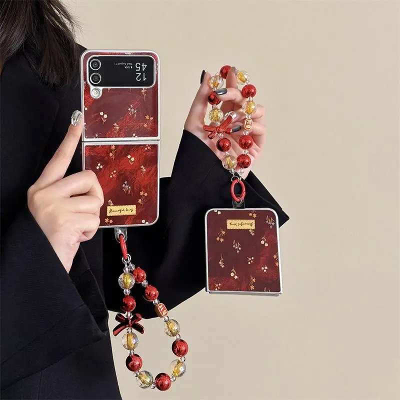 Fashion Flower Pattern Phone Case with Bead Chain, 1 Count Foldable Phone Protective Cover, Phone Accessories Compatible with Smartphone Samsung Galaxy Z Flip 3 4 5 6, Casing, Protection