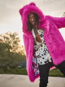 Men's Faux Fur Coat Long Sleeve Hooded Ear Design, Casual Fashion Streetwear for Fall Winter, Warm Comfortable Party Wear