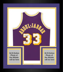 Framed Kareem Abdul-Jabbar Los Angeles Lakers Autographed Purple 1984 Mitchell & Ness Replica Jersey with "HOF 95" Inscription - Fanatics Authentic Certified