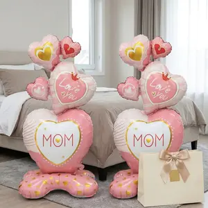 2pcs 60-Inch Pink Stacked Heart Aluminum Foil Balloons, Printed “Love You” & “MOM” for Mother’s Day Birthday Family Gathering Party Decor