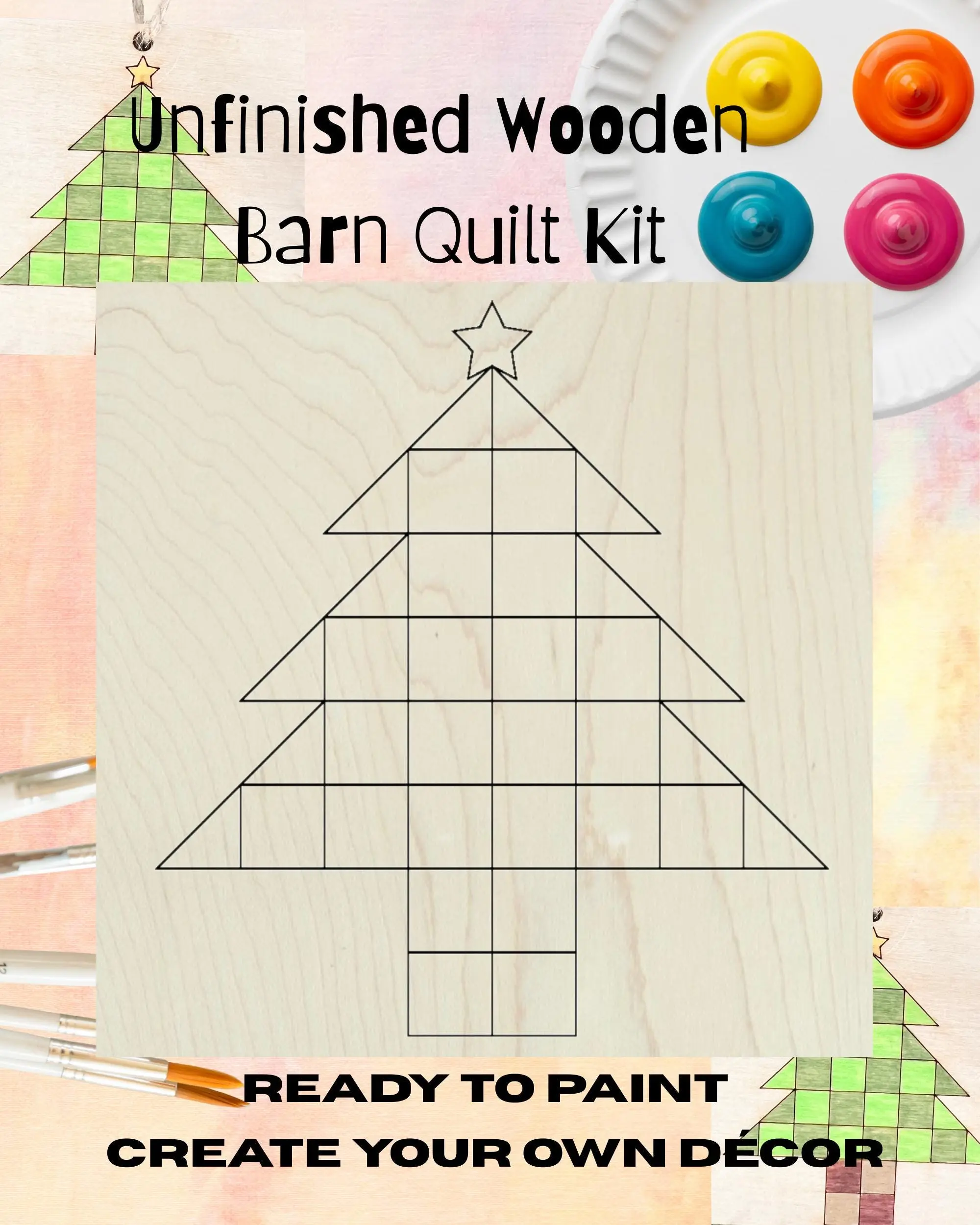Christmas Tree Wooden Barn Quilt Block: Unfinished Quilt Kit for Painting | Quilt Paint Project Christmas Tree Quilt |