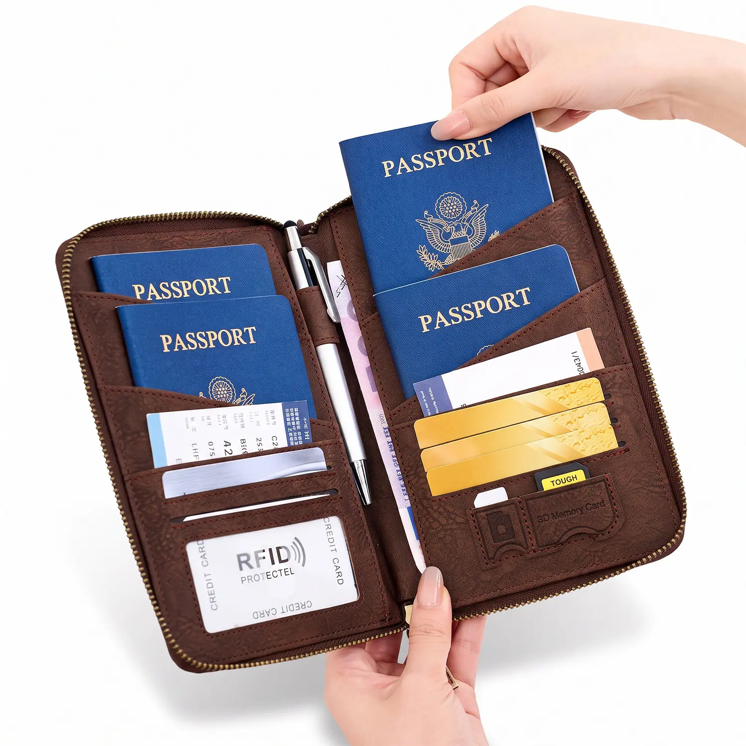 RFID Blocking Passport Holder, Multi Passport Travel Wallet with Zipper Pocket, Travel Document Organizer with Wrist Strap, Secure Passport Cover for Family Trips & Business Travel