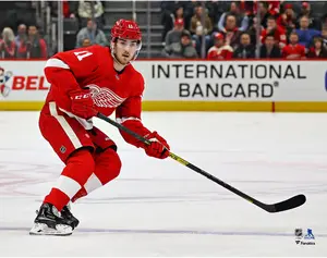 Filip Zadina Detroit Red Wings Unsigned Red Jersey Skating Photograph