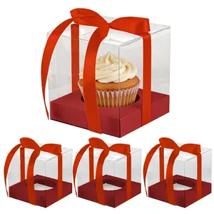 Mini Cake Boxes 3.54x3.54x3.54 inch Mini Cupcake Carriers Treat Containers（Red/Pink）