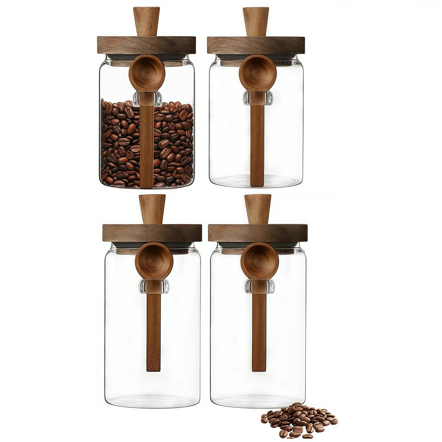 Arthink 2/4-Pack Bamboo Handle Lid Glass Canister with Handy Spoon & Silicone Airtight Seal, Kitchen Preserving Container for Coffee Beans, Baking, Pantry Organization, Portable Spice Jar Utensils Set