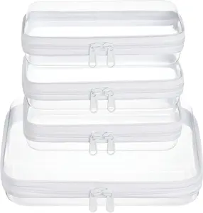 4PCS Clear Zipper Pouches, Hard Shell Travel Cosmetic Bag, Waterproof Toiletry Organizer for Women, Diaper Bag & Toy Storage Bins