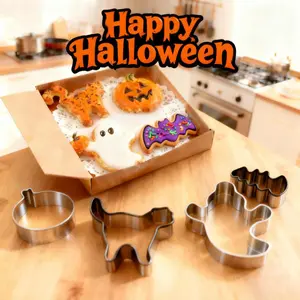 4pcs Halloween Cookie Cutters Set, Stainless Steel, PVC top edges- Ghost, Pumpkin, Bat, Cat Shaped Biscuit Stencils, Cookie Decorating & DIY,Day of the Dead Baking Molds | Handmade Gift Cookies
