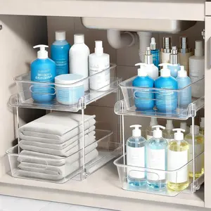 2 Tier Under Sink Organizer Bathroom Organizers and Storage, Clear Stackable Bathroom Cabinet Organizer, Multipurpose Pull-Out Home Organizer for Kitchen and Pantry Storage 2 Pack