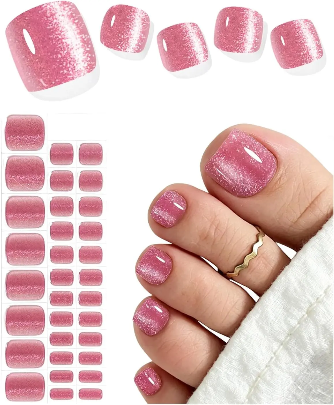 Semi Cured Gel Toenail Strips (Crimson Cat Eye T), 32 Pcs Gel Pedi Stickers, Wraps, Salon Quality, Sun-Cured or UV-Cured Gift