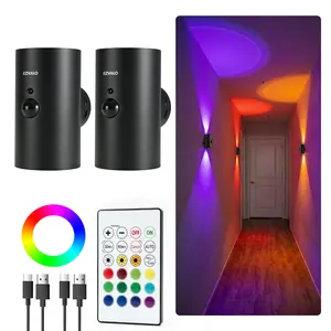Motion Sensor Light Indoor with Remote, 4000mAh Rechargeable RGB Ambient LED Wall Lamp, Magnetic Stick-On Night Light for Hallway, Stairs, Bedroom and Living Room(2 Pack)