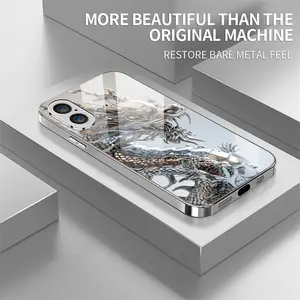 Silver metallic dragon-plated glass phone case, suitable for iPhone 17 Pro Max /16/15/14/13/12/11 full-coverage tempered glass protective case, stylish and elegant design