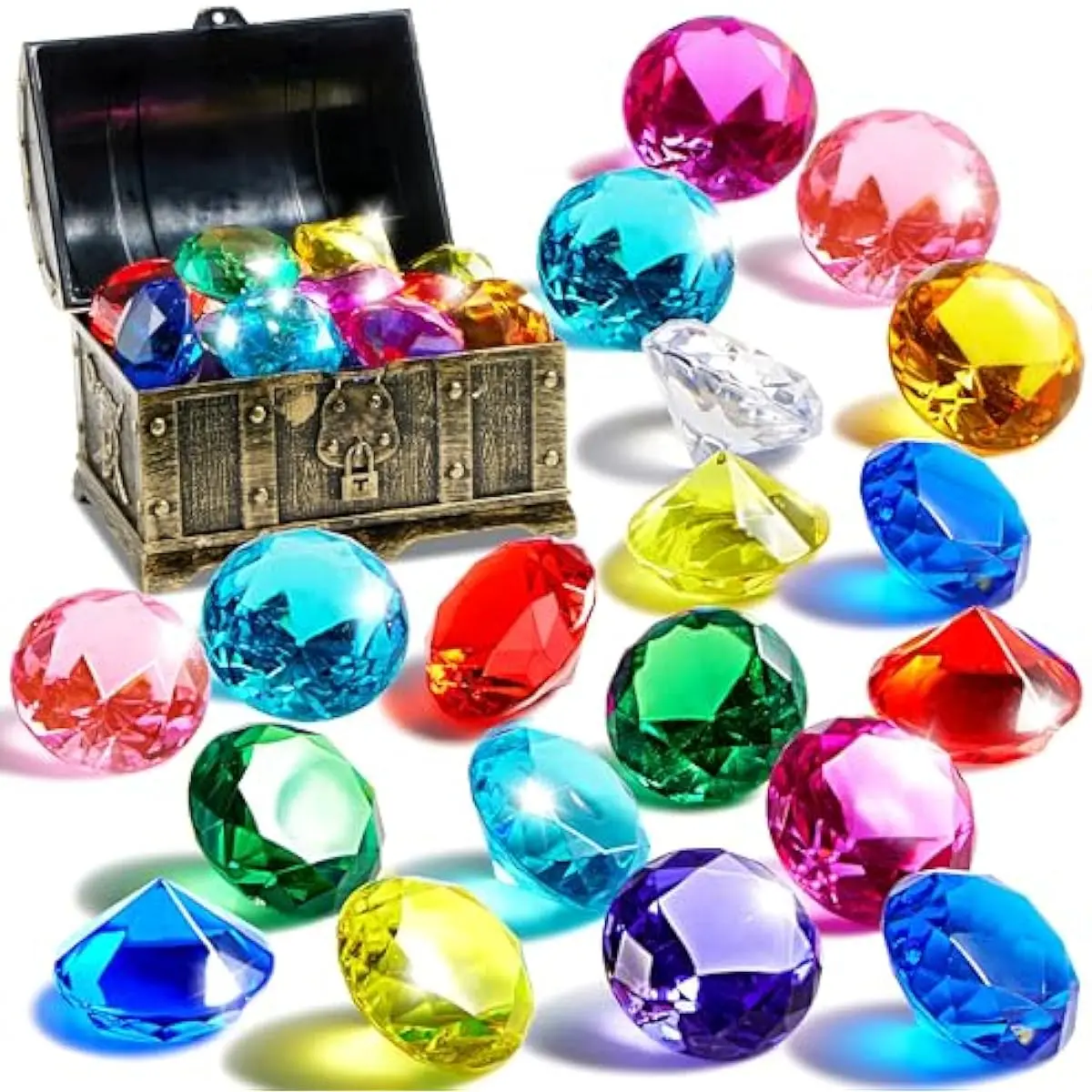 Sloosh Diving Gems Pool Toys, 16 Big Colorful Diamond with Pirate Treasure Chest,Swim Dive Toy for Kids Underwater Gemstone Swimming Training Gift Water Pool Games(Gold)DealsForYouDays