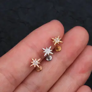 OUFER 16G 316L Stainless Steel Tarnish Proof Jewelry for Women, Internally Threaded Crystal Encrusted Sunflower Labret Stud, 8mm Flat Back Helix Piercing Earrings, Metal Coated CZ, Ideal Mother's Day Gift, Stud Earrings Filter Compatible