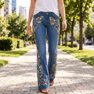 Floral Pattern Embroidered Jeans Women's Spring and Autumn New Temperament Loose Jeans Old Flared Trousers