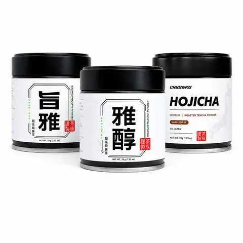 Chazoku Matcha & Hojicha Sampler Set - 3 x 35g Tins - Samidori, Okumidori, Dark Roast Hojicha - Ceremonial Grade Japanese Tea