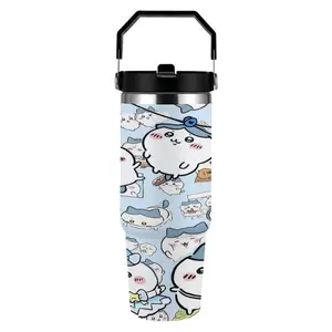 1PC Chiikawa Vacuum Tumbler 30OZ, Stainless Steel Insulated Water Bottle with Lid & Tote Handle, Portable Outdoor Camping Travel Accessory, Perfect Birthday Christmas Gift for Kids Adults Chiikawa Lovers