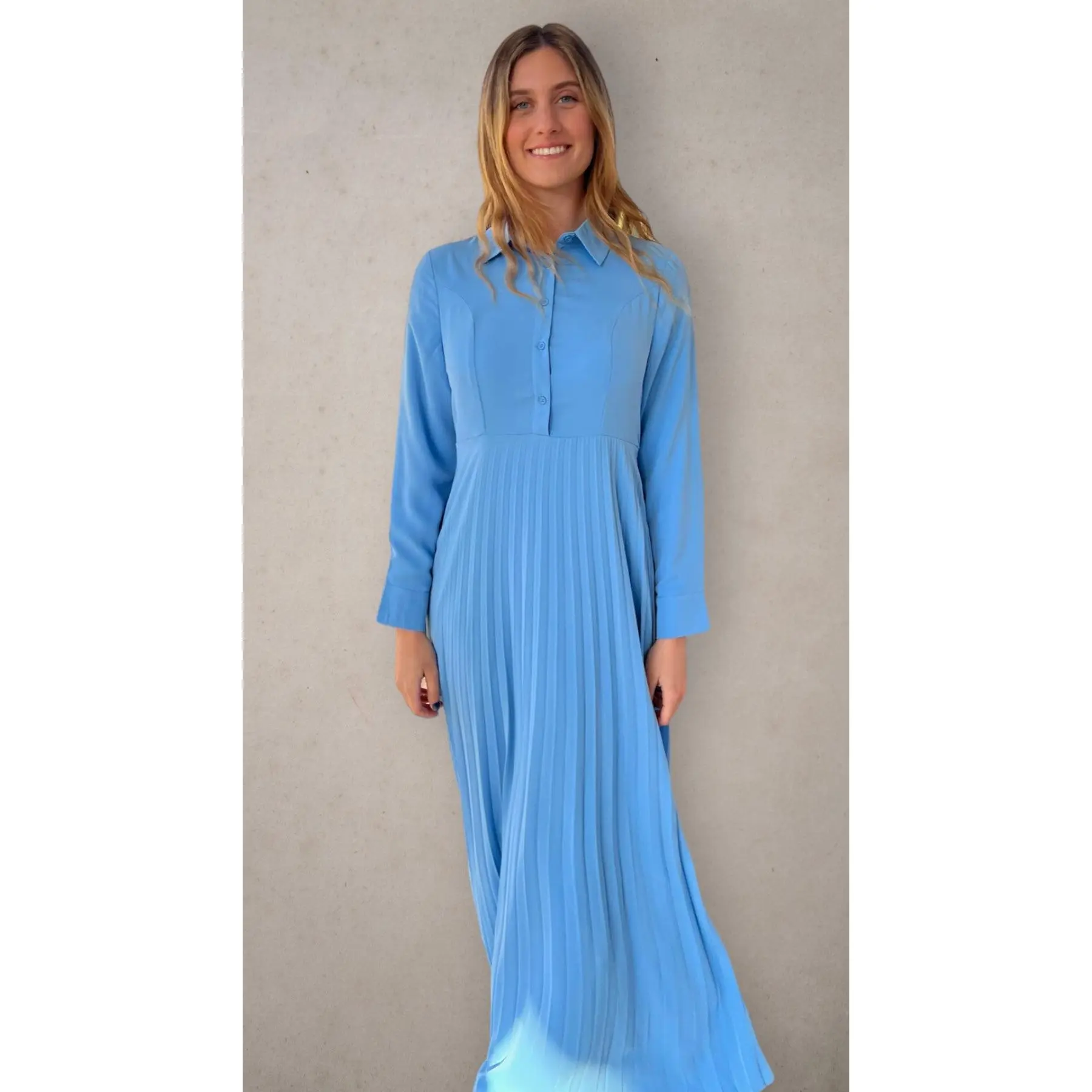 Button Down Pleated Dress Dusty Blue