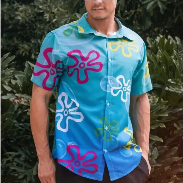 Vintage Bikini Bottom Pattern Spongebob Squarepants Button Up Hawaiian Shirt