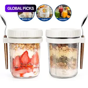 2 Pack 350ML Overnight Oats Containers with Spoon and Lid, Sealed Oatmeal Storage, Meal Prep Glass Container, Food Storage Jar, Kitchen Essentials #GLOBAL PICKS