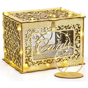 Wedding Card Box with Lock and LED Fairy Lights, Wooden  Card Box  Box Holder for Wedding Reception, Graduation Party, Bridal Shower, Keepsake Party Favor,   Decoration
