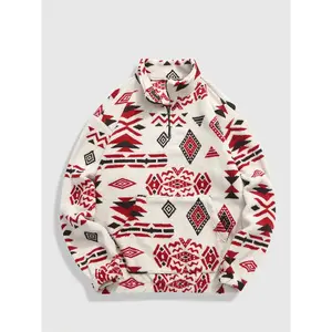 Women's Vintage Geometric Print Polyester Fleece Pullover, Quarter-Zip Collared Neck Design, Loose-Fitting Street Style Top for Fall & Winter