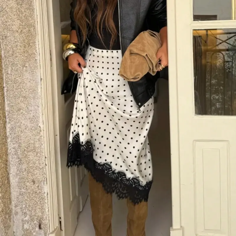 Women's Elegant Chic Polka Dot Pattern Lace Trim Fitted Skirt, Slim Fitting Skirt, Fashion Skirt for Party Vacation Beach, Autumn & Winter Wear, Fall Skirt, Womenswear