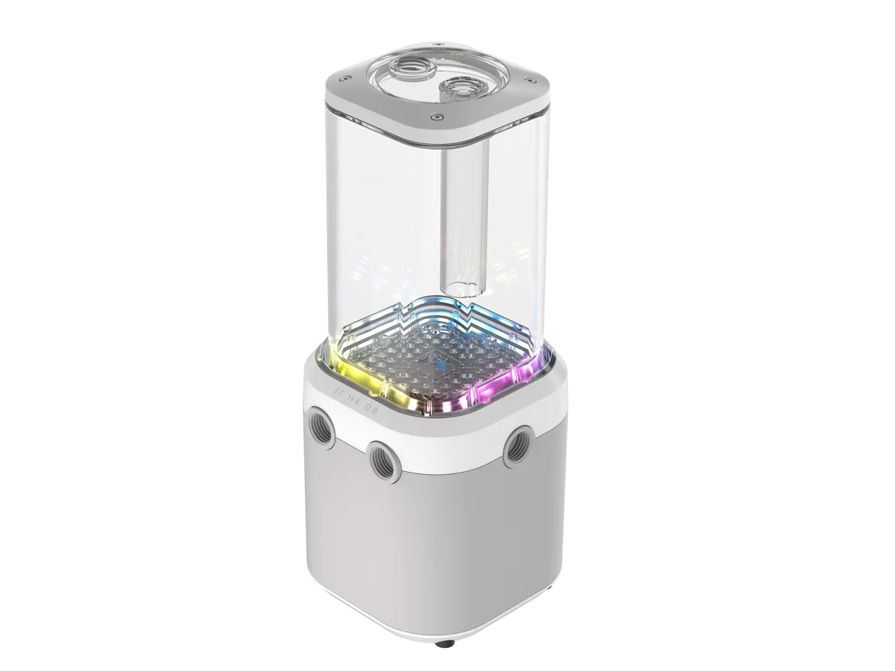 The CORSAIR Pump Res Unit, iCUE LINK XD6 ELITE WHITE iCUE LINK XD6 RGB ELITE Pump/Reservoir offers high coolant flow, a sleek design, RGB lighting, and streamlined connection to the iCUE LINK Hub.