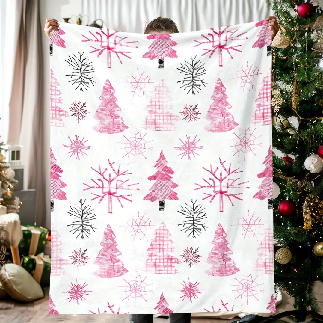 1pc Cozy Pink Christmas Tree And Snowflake Blanket - Soft, Warm Flannel Throw for Naps, Camping, Travel | Perfect Holiday Gift for Friends, Family, And Loved Ones