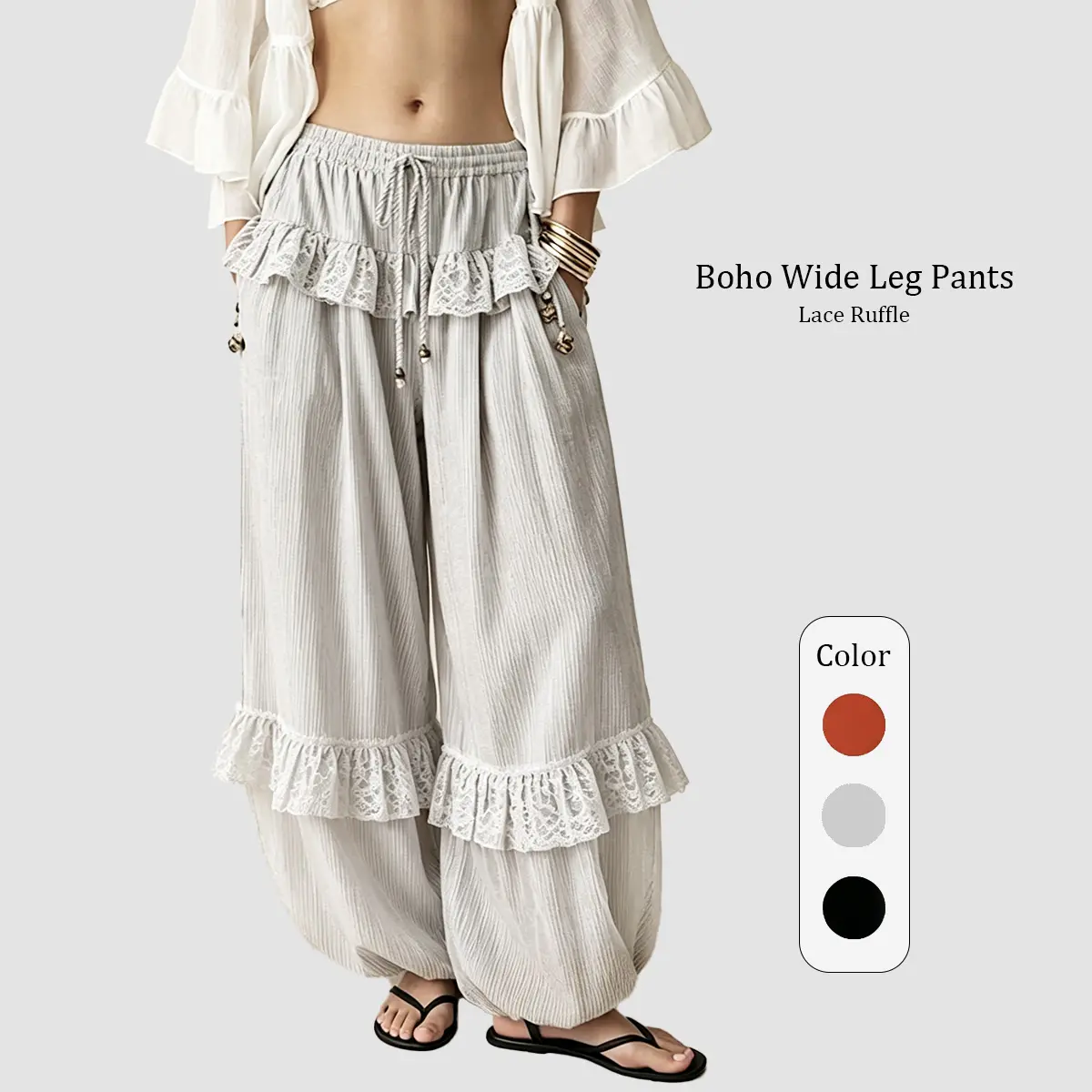 Women'sBohoLaceRuffleWideLegHaremPants,ElasticDrawstringHighWaistLooseLightweightCasualTrouserswithPockets,ComfySoftLoungewearforBeachVacationDailyStreetWear