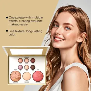 9 Color Gold Highlighter Makeup Palette, Long-Lasting Non-Sticky, Includes 3 Small Brushes, Natural Finish, Suitable for All Skin Types