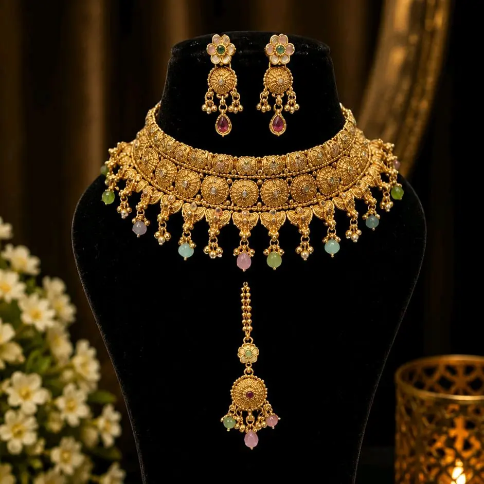 Women's Exclusive Gold-Plated Collar Necklace, Floral Earrings and Dainty Tikka Jewelry Set