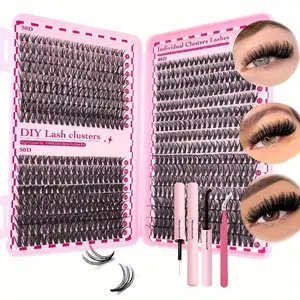 Cluster Eyelash Extension Kit D Curled Eyelashes Natural Thick Curled Fluffy Personal Eyelash Kit with Eyelash Brush + Eyelash Fixer + Bonding And Sealing + Tweezers Liquid Suitable for Daily Home 9- 16mm 30D40D50D DIY Cluster Lashes