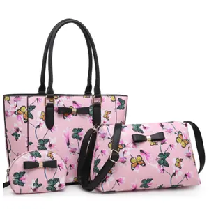 Butterfly Effect Tote 3 in 1 Pink Floral Handbag with Bow Accents for Women