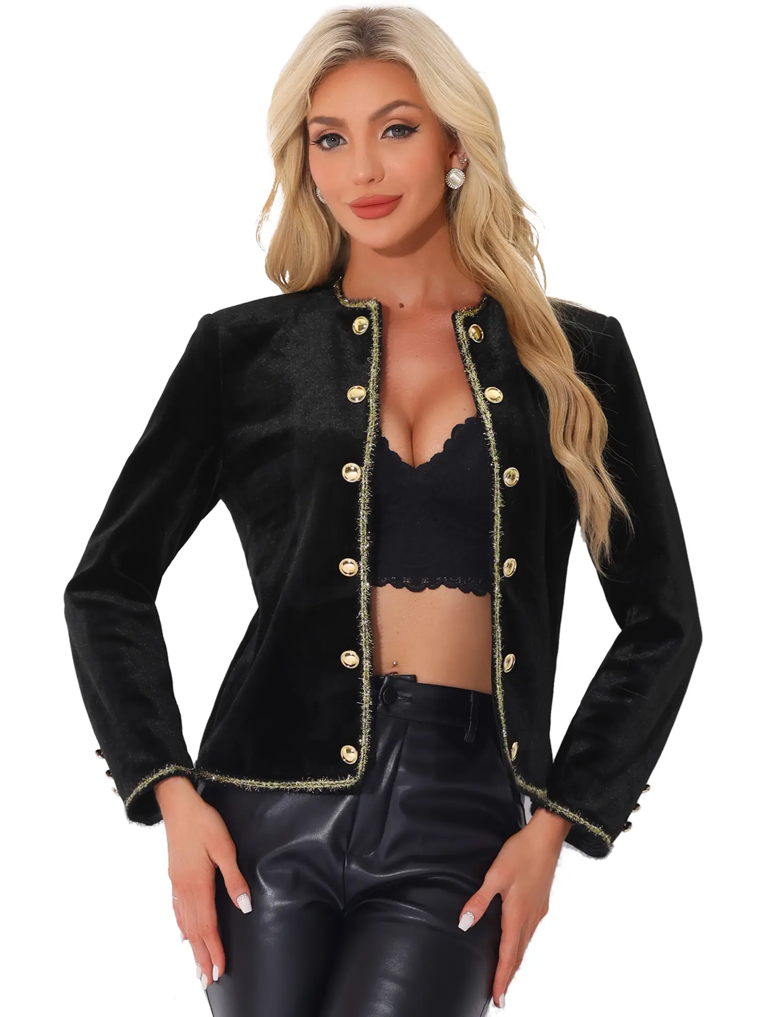 INSPIRE CHIC Collarless Jacket Women's Vintage Double Breasted Velvet Open Front Short Blazer