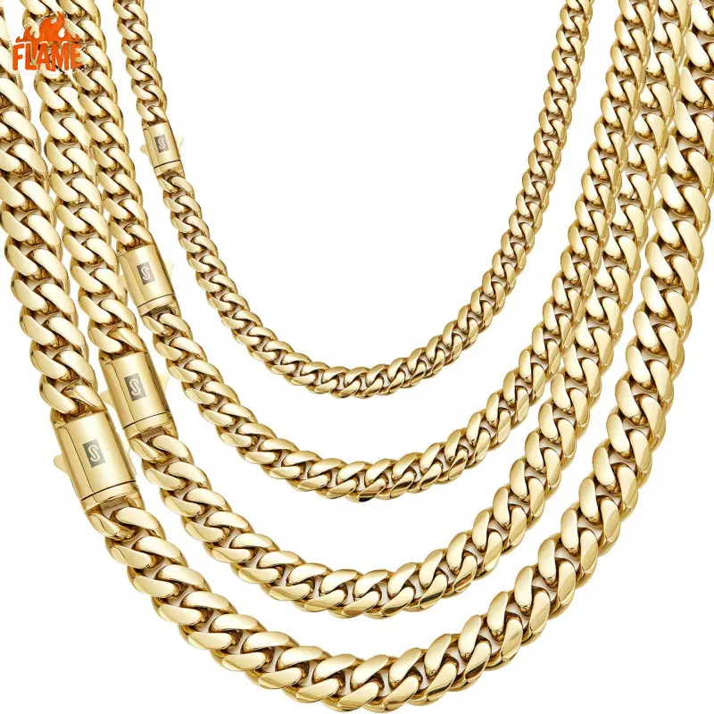 [FLAME] Unisex Miami Cuban Link Chain Necklace, 14K Gold Plated Stainless Steel with Iced Out Clasp, Multi-Size 6/8/10/12/14mm Thick Links, Hip Hop Fashion Costume Jewelry, Black Friday Deal,summervibes