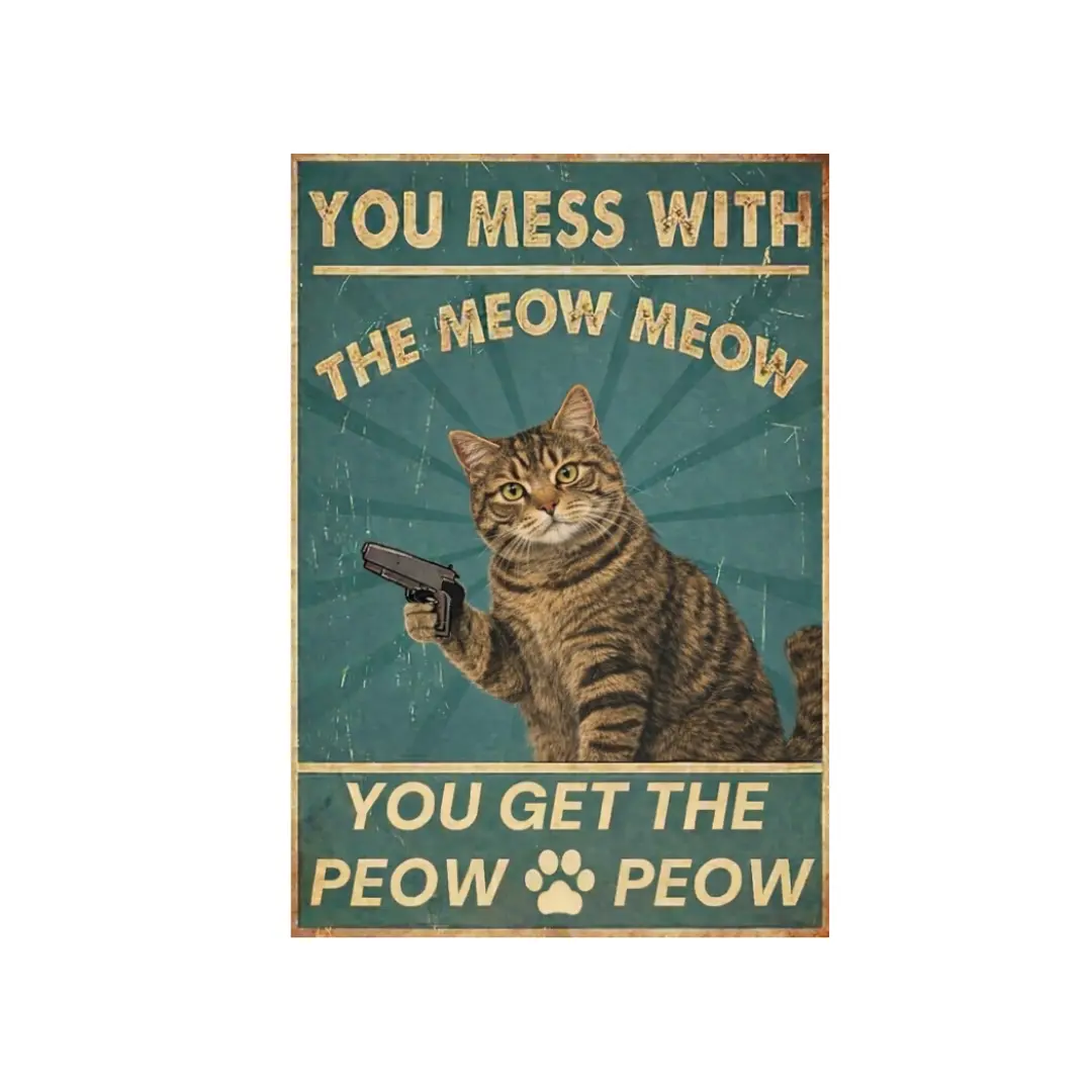 Retro Tabby cat Decorative Plaque, Humorous Metal Sign - 8x12 inch, Door Plate, Cat Friend, Bedroom, Cafe, or Kitchen, Gift for Cat Lovers