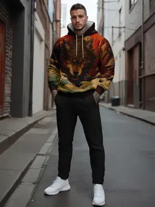 Trendy Wolf Totem Hoodie & Pants Set, Casual Fitted Long Sleeve Print, Perfect for Running & Outdoor Activities