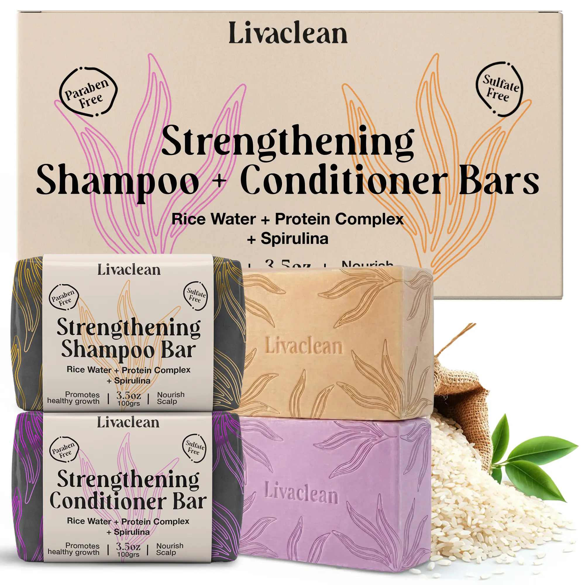 LivaClean Rice Water Shampoo Bar & Conditioner Bar 2 Pack for All Hair Types with Spirulina Matcha Hyaluronic Acid Sulfate & Paraben Free Bars for Women Hair Growth Gentle Haircare