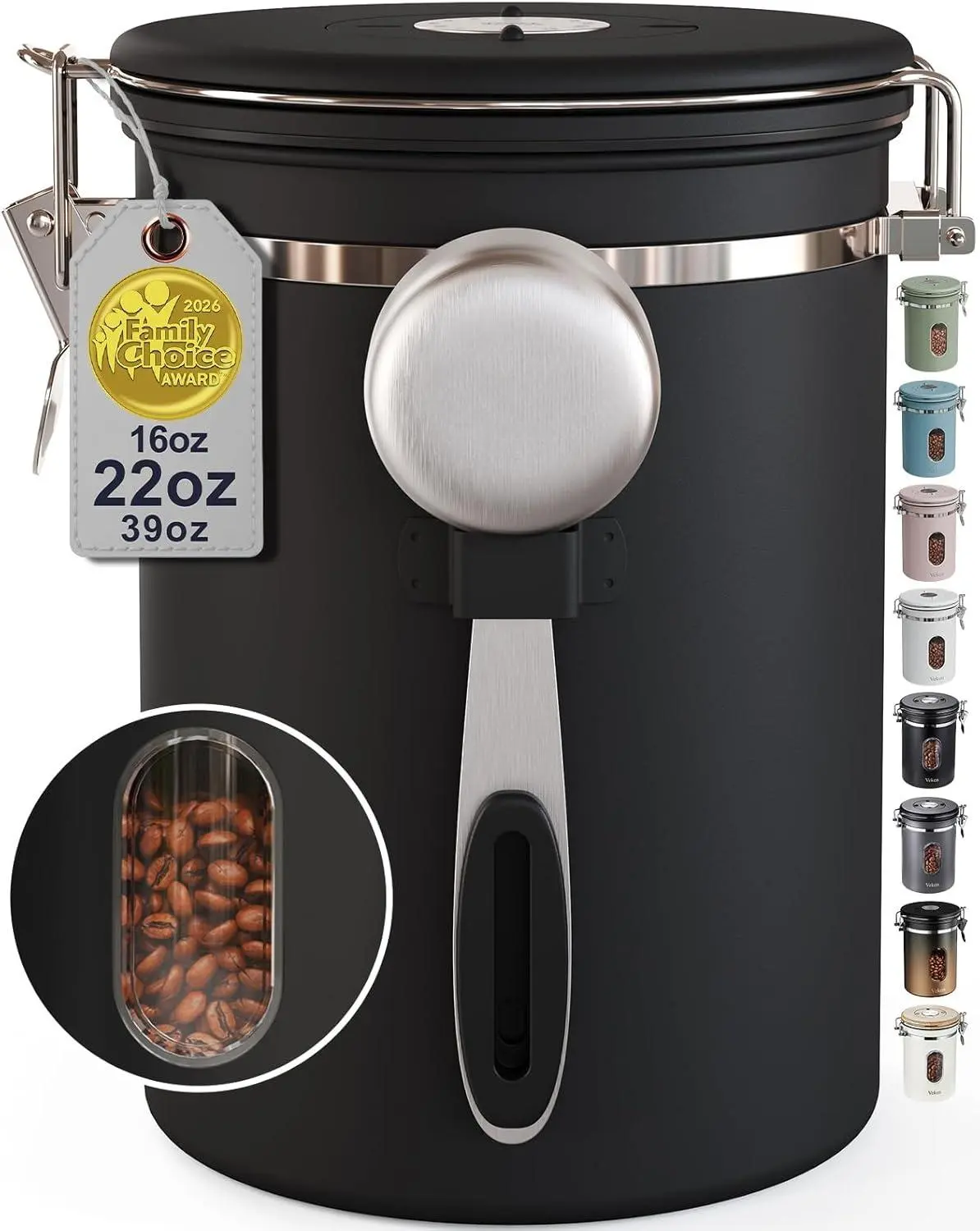 22OZ Black Modern Cylindrical Airtight Stainless Steel Coffee Canister with Window - Single Jar Kitchen Utensils Pantry Use Container for Beans, Ground Coffee, Espresso, Rice