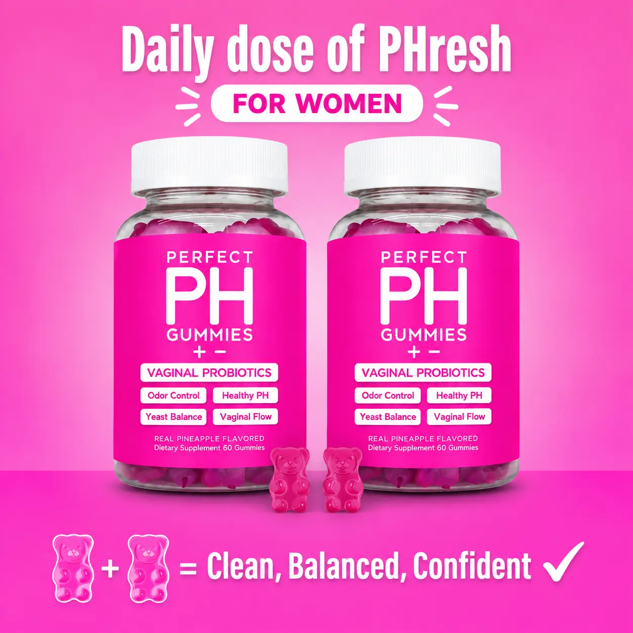 CBB Perfect pH Chewable Probiotics for Women Double Pack - Feminine Probiotic Gummies, Intimate Care Prebiotic Supplement with Vitamins, Pineapple Flavor, 120 Count for Intimate Health Support