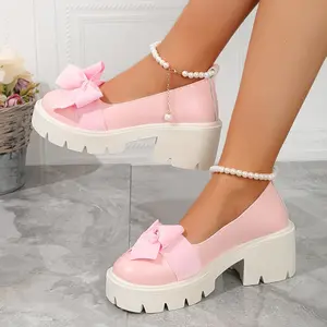 [Solid Color Elegant Loafers] Women's Solid Color Elegant Loafers, Platform Slip On Soft Sole Bowknot Chunky Heels, Round Toe Preppy Shoes