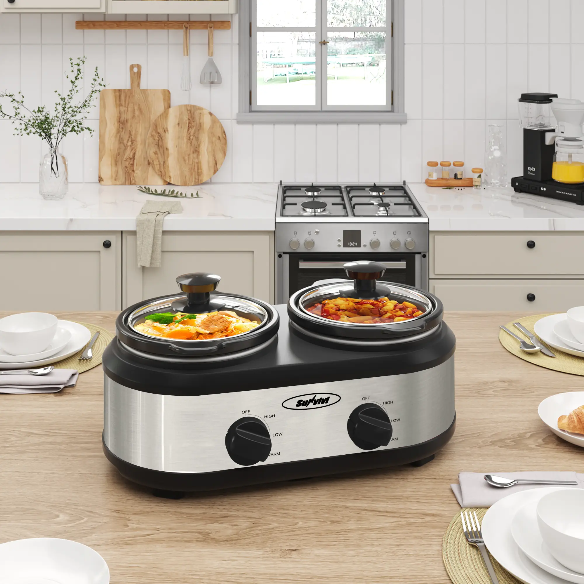 Sunvivi Dual Slow Cooker, Buffet Server & Warmer, 2 Removable Ceramic Pots, 3 Adjustable Temp Settings, 2 Clear Glass Lids, 2 x 1.25QT (Total 2.5QT),Multi‑Function Cooker for Slow Cooking, Hot Pot Shabu‑Shabu, Home Kitchen Party,crock，dishwasher-safe part