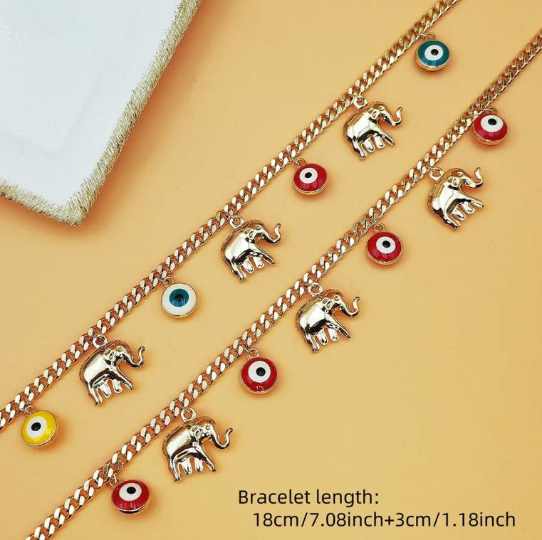 Gold Evil Eye Bracelet Women Elephant Charm Adjustable Protection Lucky Jewelry