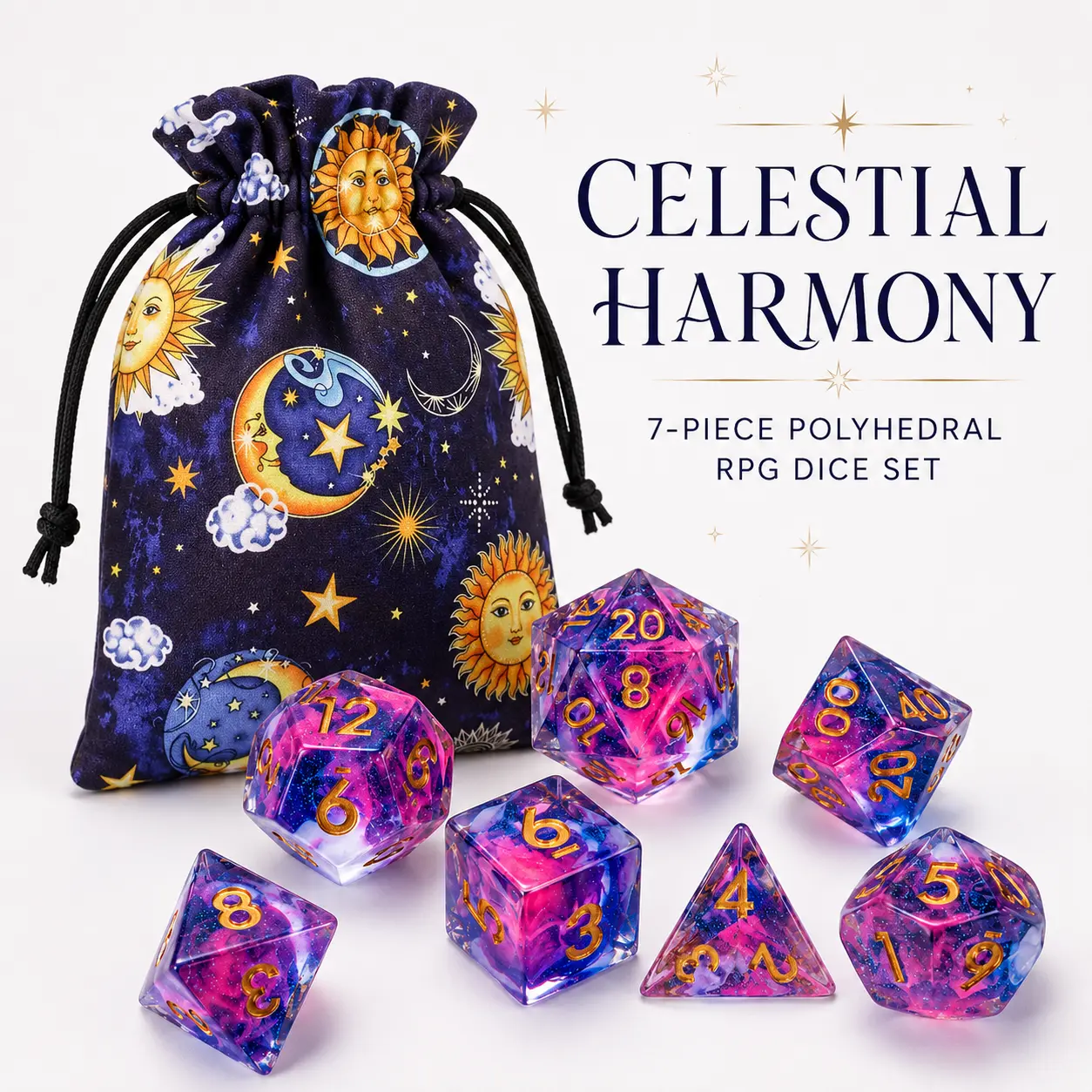 7PCS Celestial Harmony DND Dice Set with Drawstring Bag, Pink Blue Resin Polyhedral RPG Dice for Tabletop Role Playing Games, Board Game Accessories, Collectible Gift